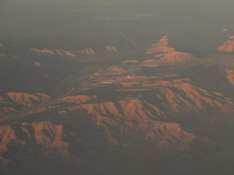 An aerial view across the terraced Mountain Pass rare-earth mine in California.