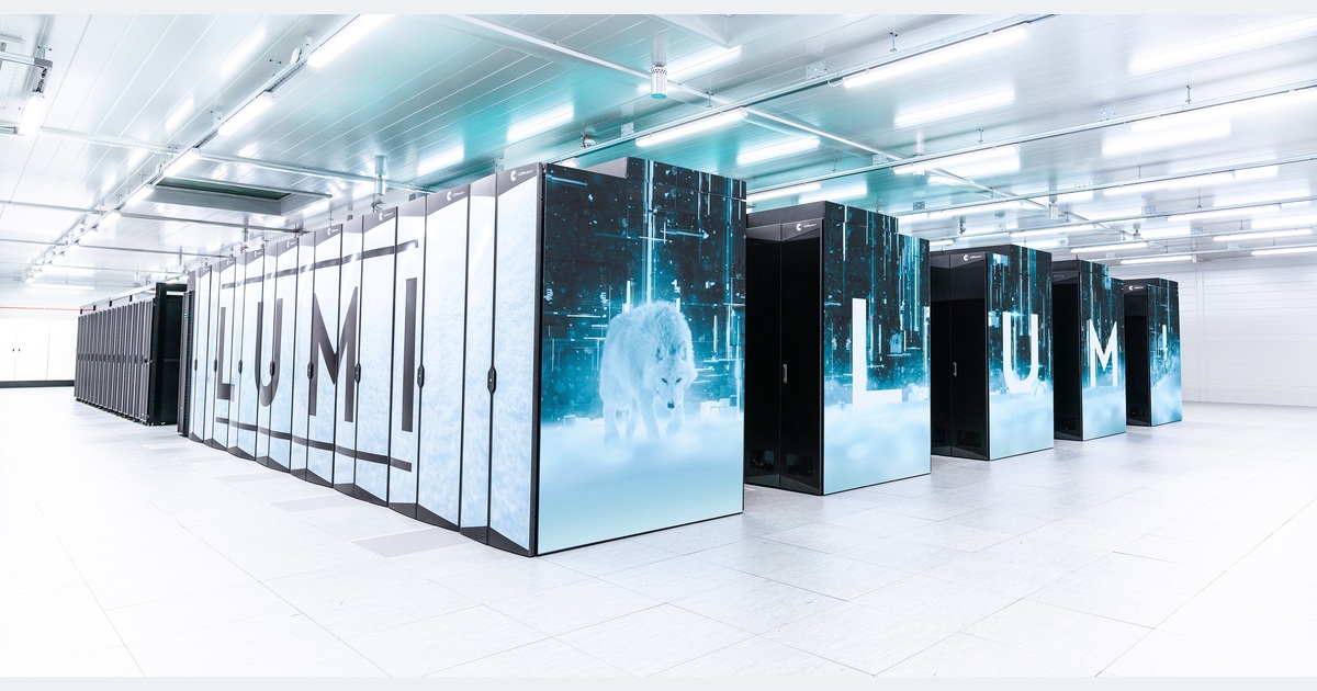 Cabinets of the existing LUMI supercomputer in Finland.