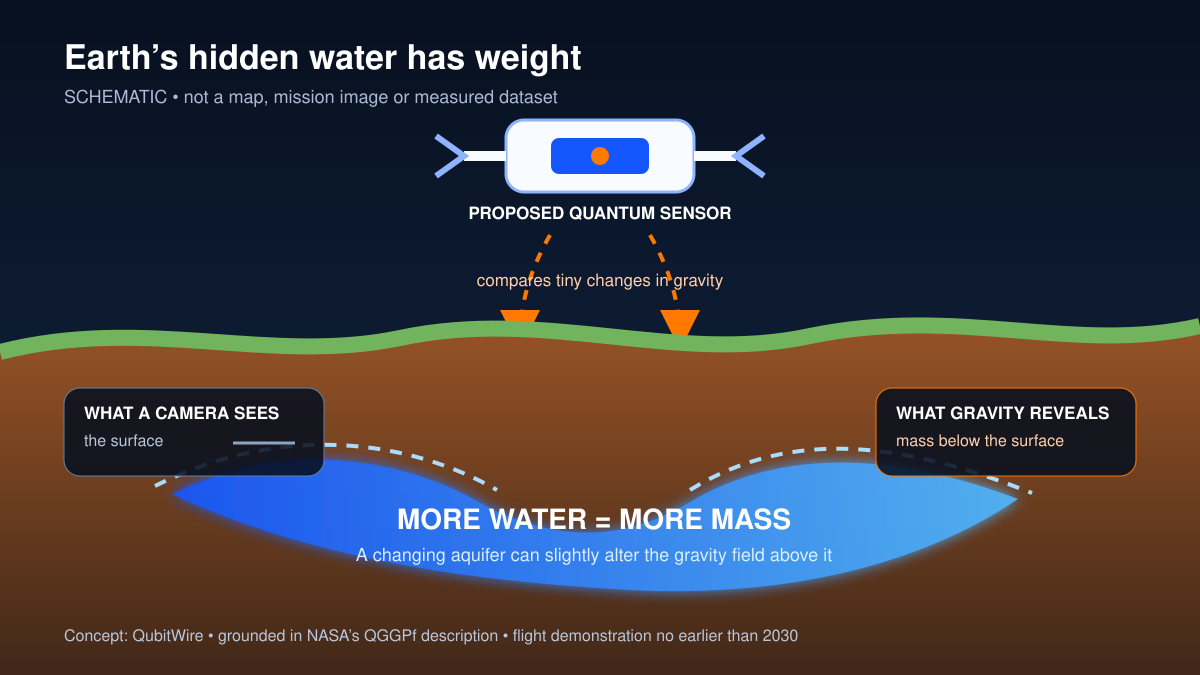 Schematic cutaway showing a proposed quantum sensor above land and an underground aquifer, with labels explaining that more subsurface water adds mass and slightly changes gravity.