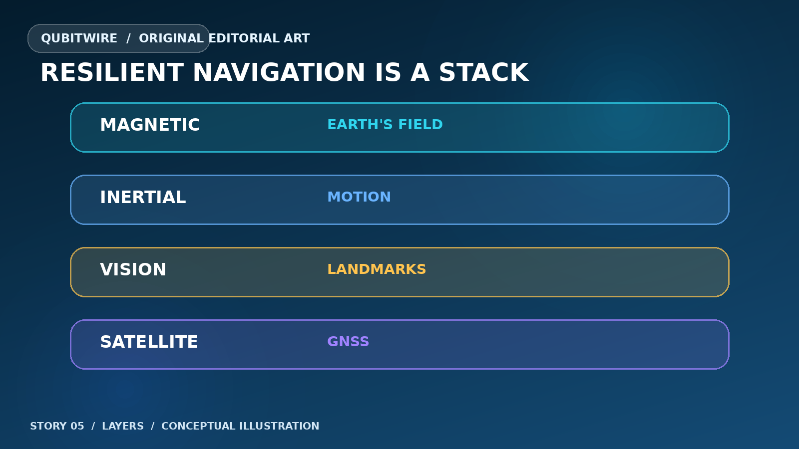 Layer diagram combining magnetic, inertial, vision and satellite navigation sources.