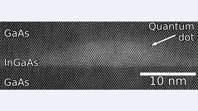 Atomic-resolution electron micrograph of an InGaAs quantum dot surrounded by GaAs, with original labels and a 10-nanometre scale bar; a different structure from the reported quantum well.