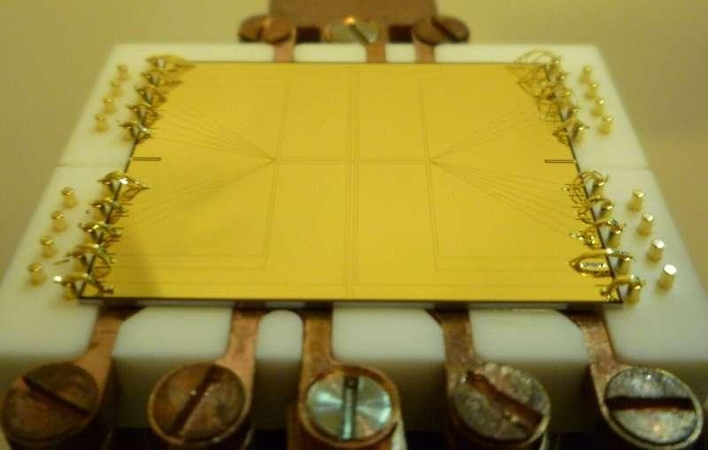 Gold-coloured atom chip mounted on a holder with fine electrical connections.