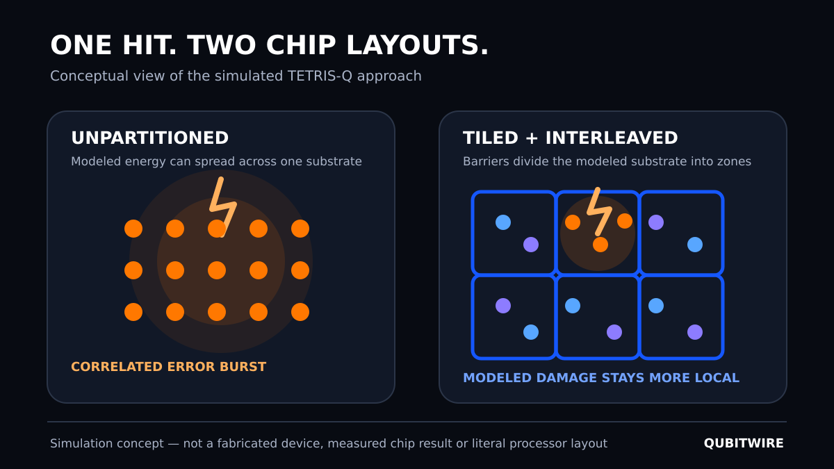 Conceptual comparison of an unpartitioned superconducting chip with a tiled and interleaved layout that keeps a modeled radiation error more local.