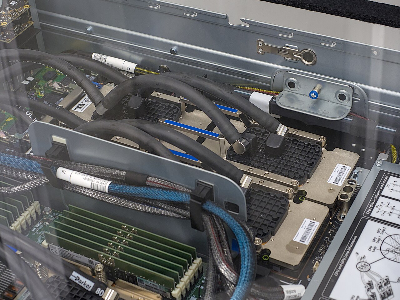 Four GPU modules inside a TSUBAME 4.0 computing node, with cooling hoses, circuit boards and memory modules.