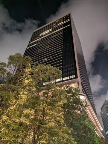A tall office tower rises behind trees against a night sky.
