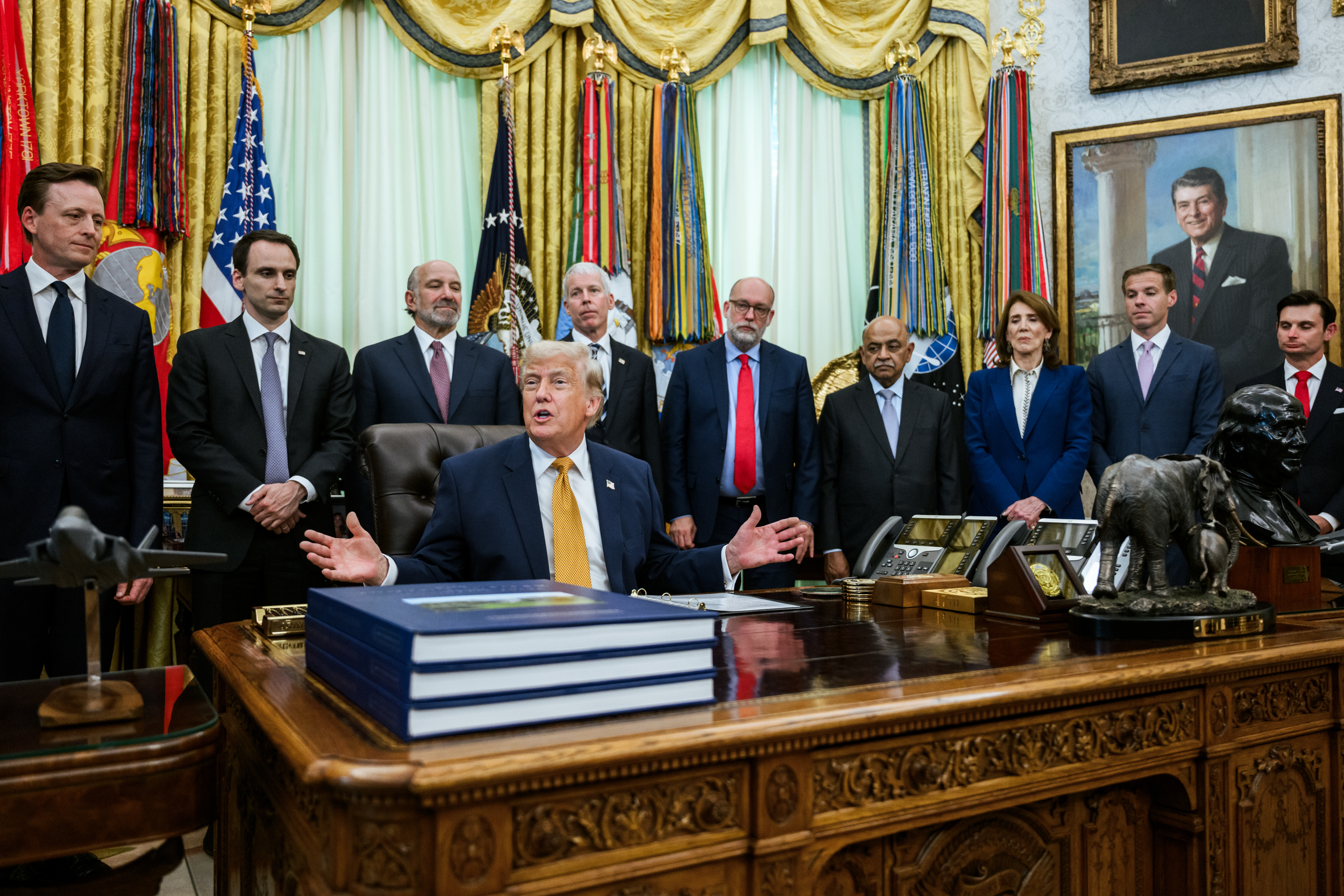 President Donald Trump with senior officials after signing quantum executive orders in the Oval Office on June 22, 2026