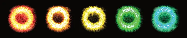 Five ring-shaped light patterns in orange, yellow, green and blue-green against black.