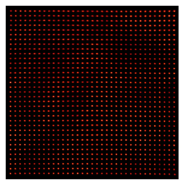 A grid of bright spots records cesium atoms held in an array of optical traps.