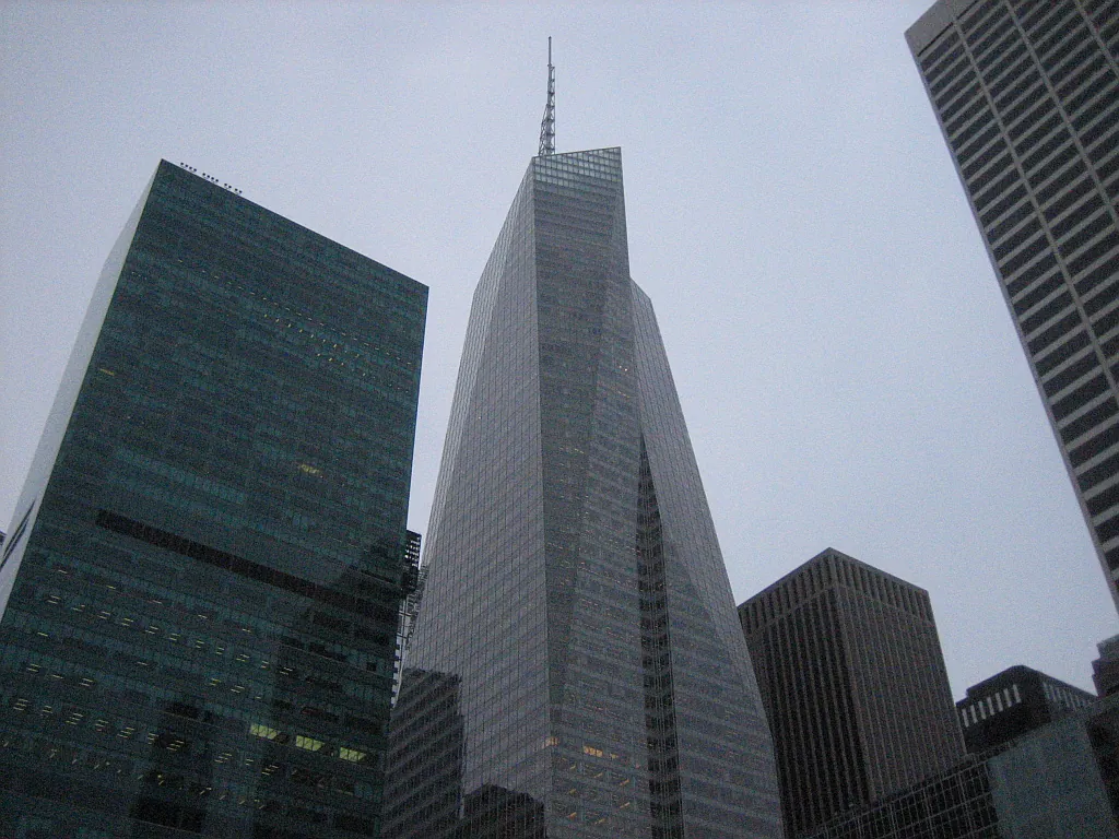 The Bank of America Tower rises above neighbouring buildings at One Bryant Park.