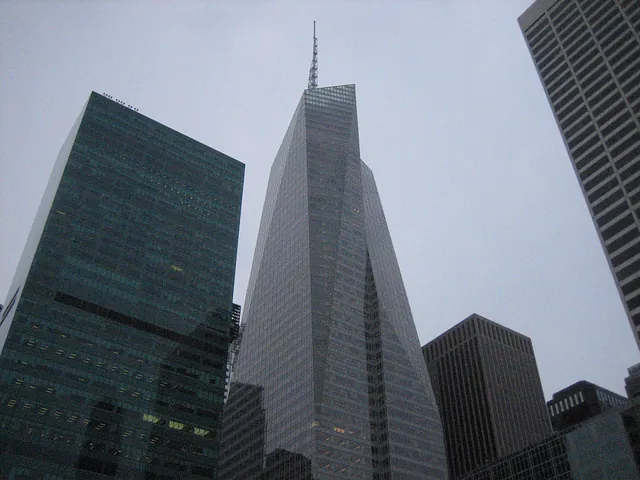 The Bank of America Tower rises above neighbouring buildings at One Bryant Park.