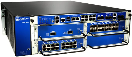 A Juniper Networks SRX3400 security appliance with ports and modular front panels.
