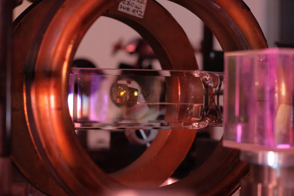 Laboratory optics and vacuum equipment used for a cold-atom experiment.
