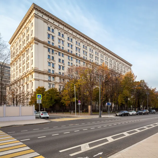 The Rosatom building faces a broad street in central Moscow.