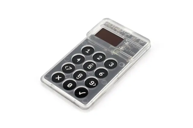 A small transparent cryptocurrency hardware wallet with a screen and numeric keypad.