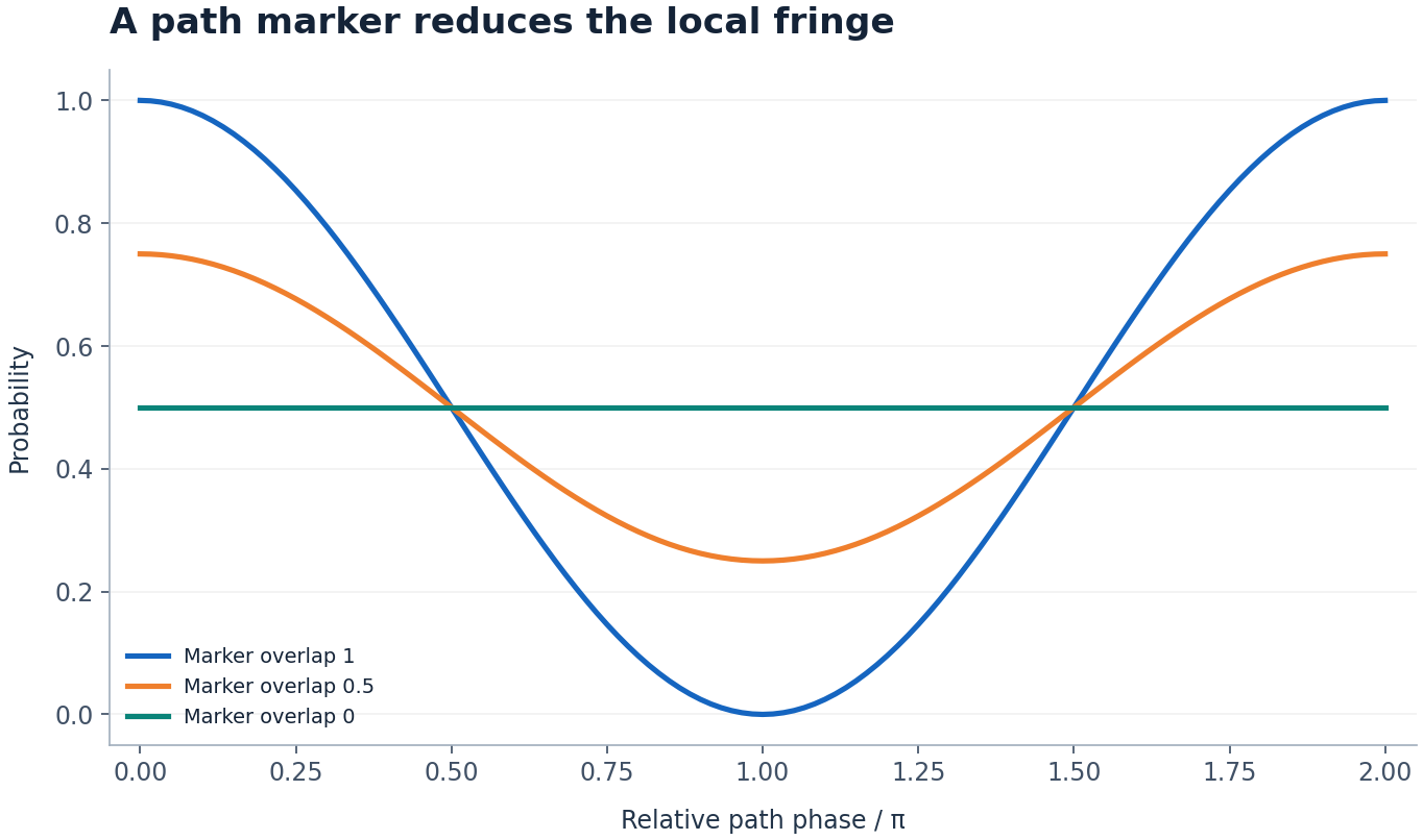 A path marker reduces the local fringe. Relative path phase / π versus Probability. Original ideal teaching calculation. Not measured hardware data.