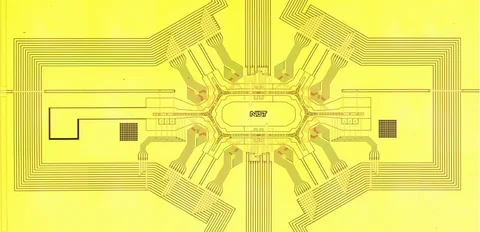 A gold-colored patterned chip has an oval central track and several channels extending toward rectangular contact regions.