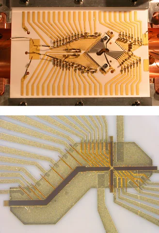 Two stacked photographs show a wired gold-colored assembly above and intersecting patterned channels below.