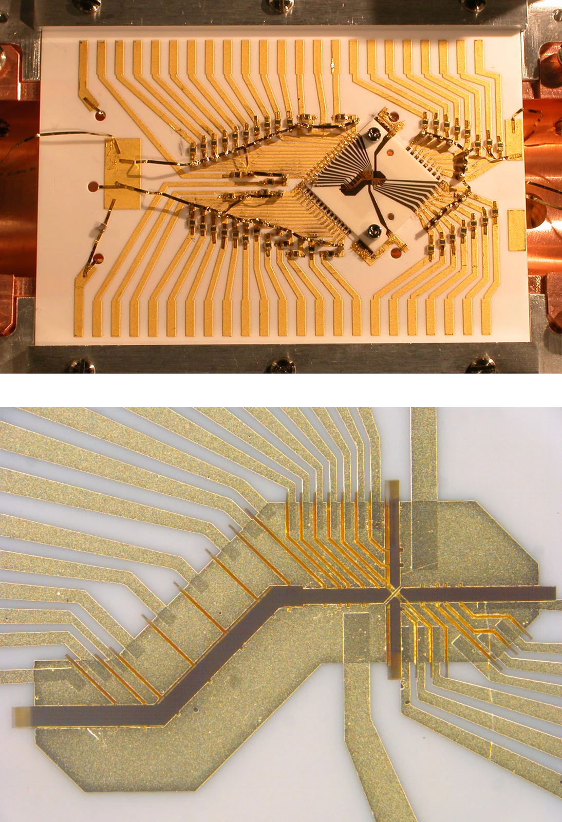 Two stacked photographs show a wired gold-colored assembly above and intersecting patterned channels below.