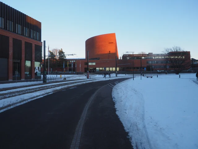 Aalto University’s brick Undergraduate Centre on a snowy afternoon in February 2025.