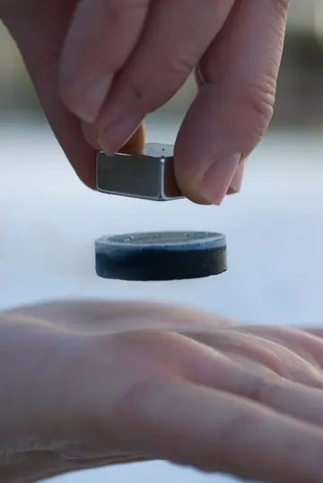 A dark superconducting sample suspended beneath a small magnet held between fingers.