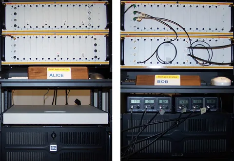 Two equipment racks labelled Alice and Bob, with patch panels, cables and instruments.