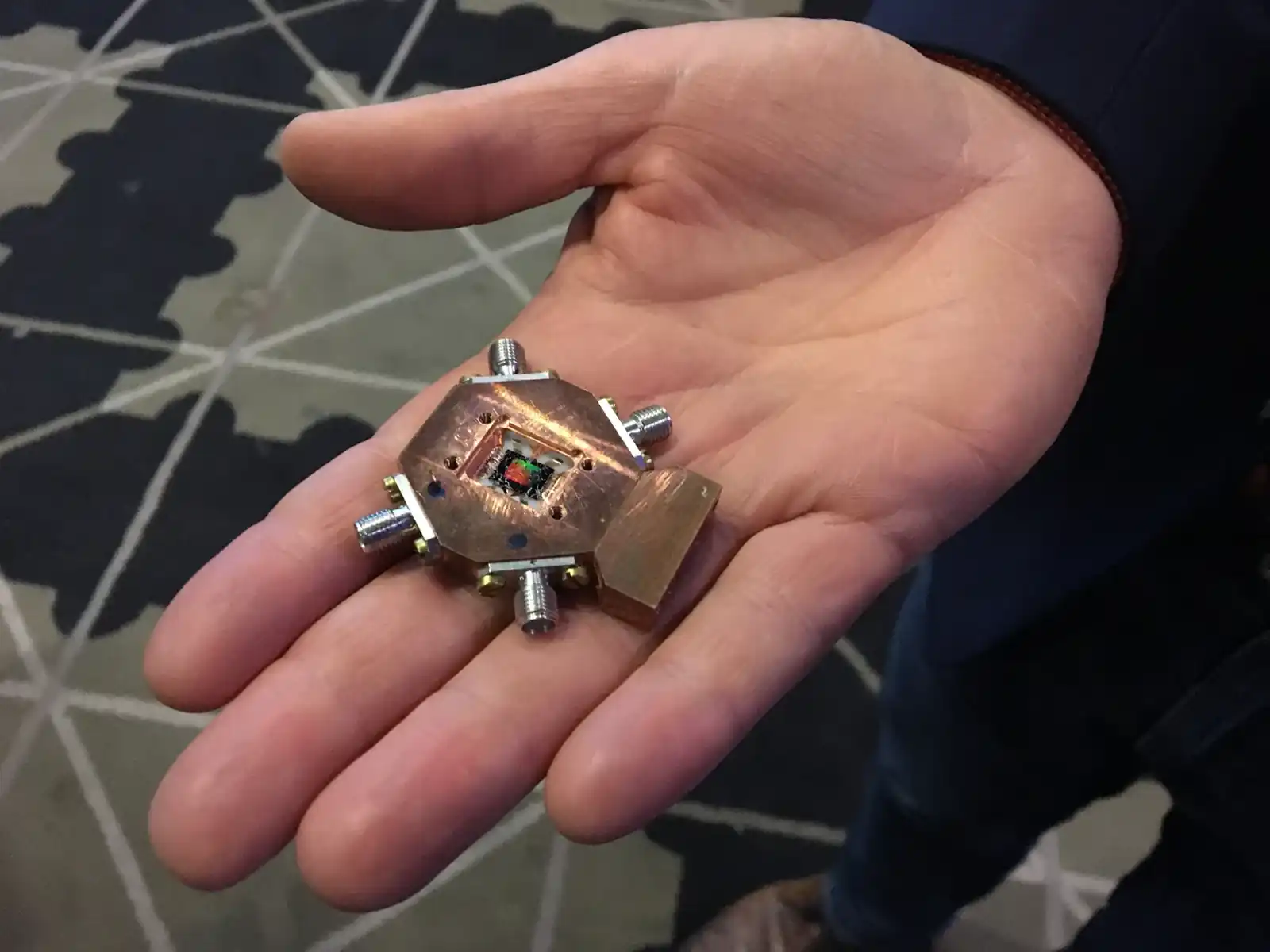A photographed superconducting quantum-computer assembly at Chalmers.