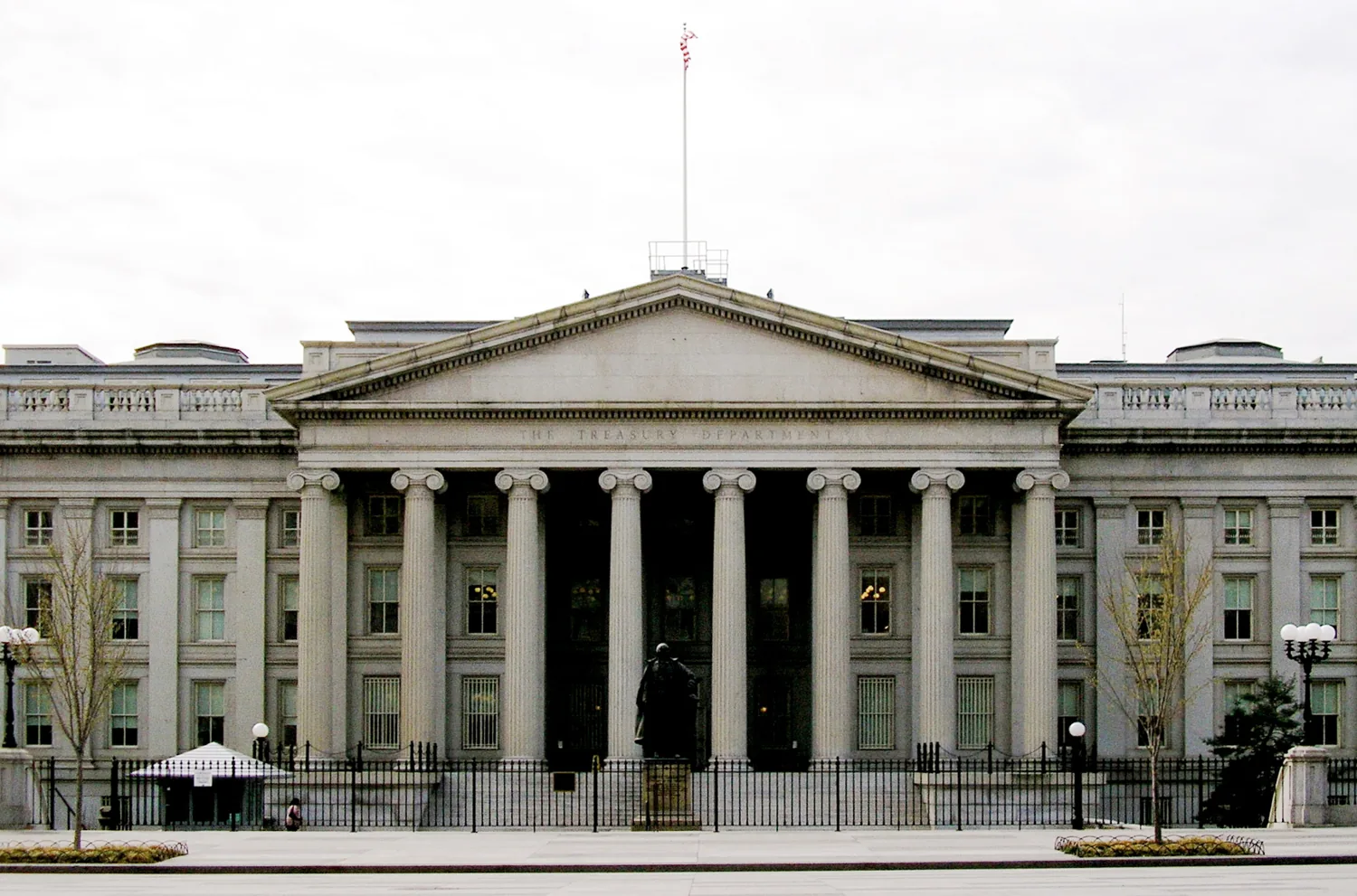 The columned front facade of the US Treasury Building in Washington, DC.