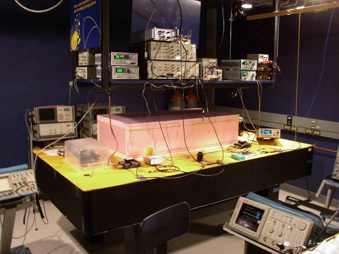 An optical laboratory table with instruments mounted above it, forming the historical Alice network node.
